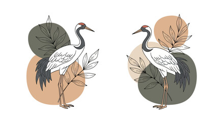 Fototapeta premium Elegant Japanese Crane Line Art Vector Illustration with Botanical Elements and Abstract Organic Shapes on White Background