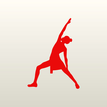 Red silhouette of a woman in Reverse Warrior yoga pose. Vibrant vector graphic for International Day of Yoga, fitness branding, wellness apps, and active lifestyle themes.