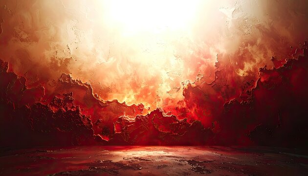 A surreal landscape bathed in fiery hues and dramatic light.