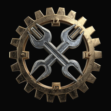 Industrial gear emblem with crossed tools symbolizing engineering power