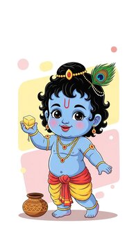 Adorable Bal Krishna Divine Cartoon Art for Janmashtami Festival


