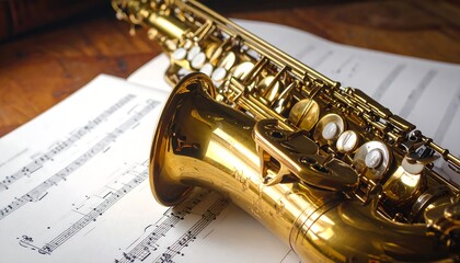 Fototapeta premium A shiny brass saxophone on sheet music (1)