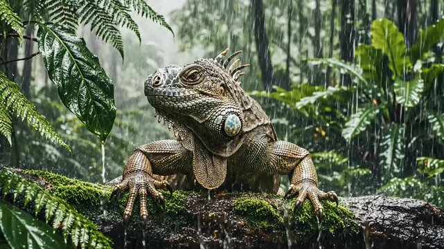 Iguana lizard on mossy branch in tropical rainforest during heavy rain