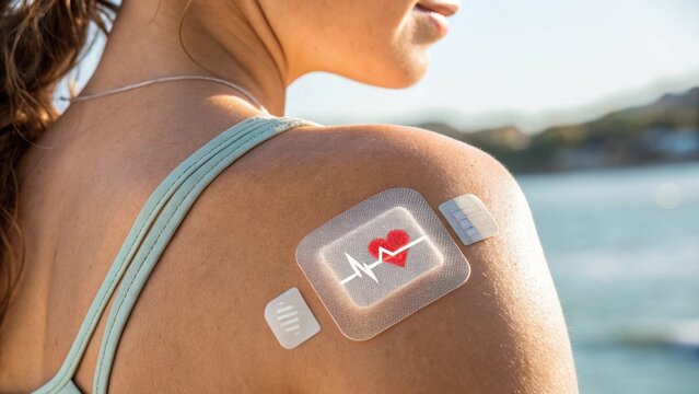 Woman with heart rate monitor patch on shoulder