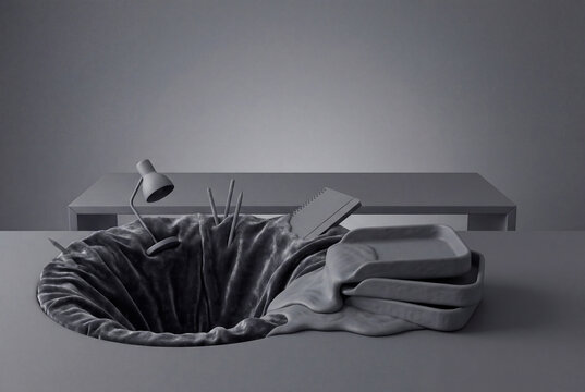 Abstract office desk with a black hole and melting objects