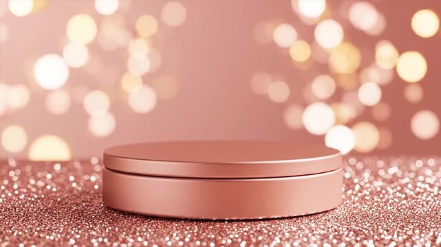 Elegant pink gift box with golden ribbon on glittery background with bokeh lights