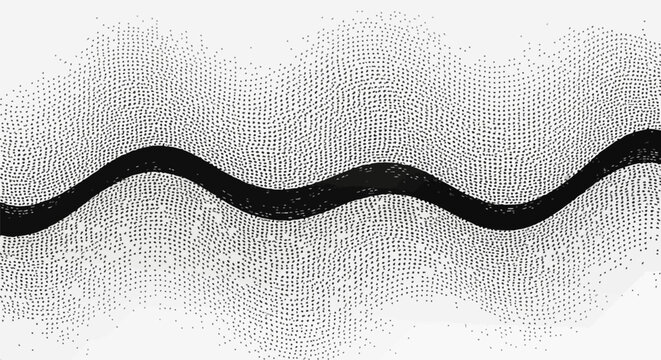 Abstract black halftone dot pattern with a horizontal undulating wavy band and gradient density. Monochrome stippled texture creating a distorted ripple effect on white background.