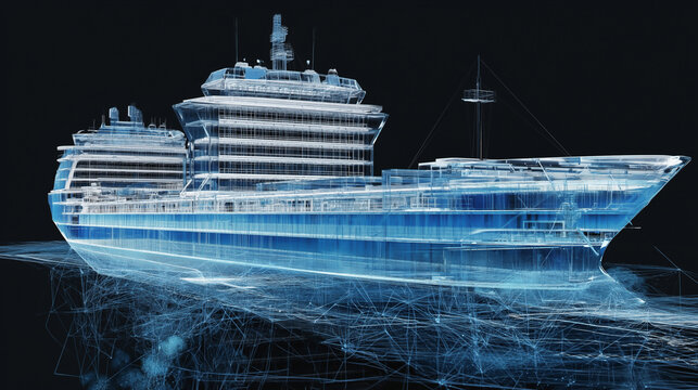 Digital cruise ship blueprint glowing futuristic maritime technology