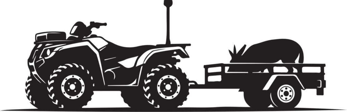 Black ATV, trailer, and cargo vector, side view, silhouette style, off-road vehicle, transportation icon