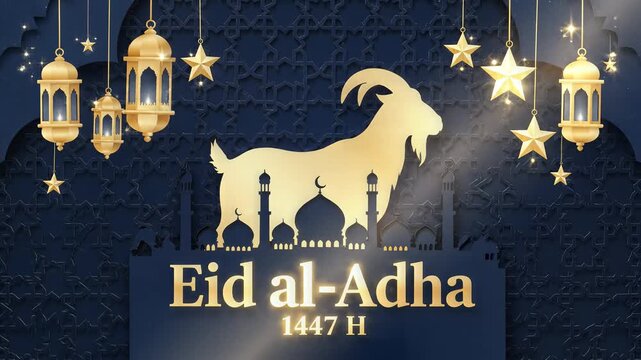 Eid al-Adha Celebration Background with Golden Goat and Lanterns