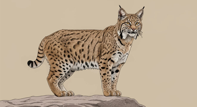 Vector illustration of a North American bobcat (Lynx rufus) with spotted fur and tufted ears standing on a rocky outcrop against a neutral beige background in profile view.
