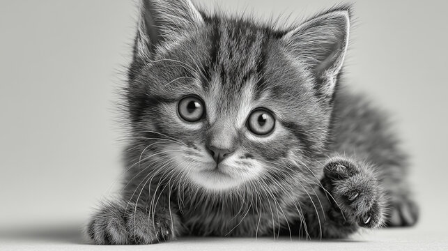 Cute kitten portrait black white fluffy cat looking at camera