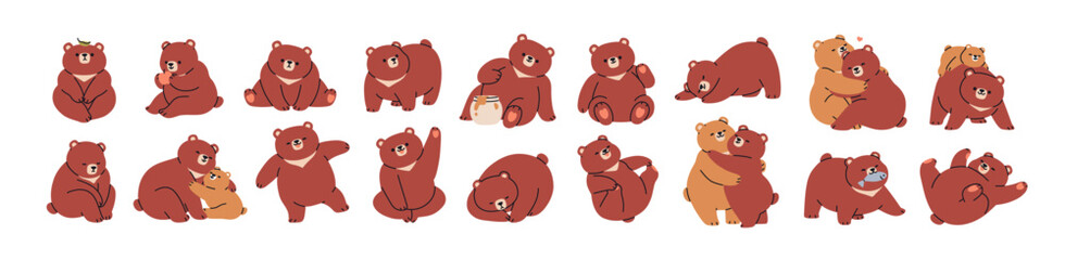 Cute baby bears set. Funny comic animal character in sitting, standing, lying poses. Couple hugging, playing, waving with paw. Playful teddy. Flat vector illustration isolated on white background