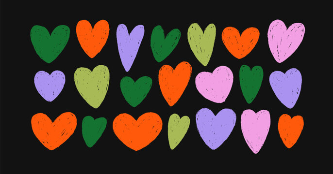 Doodle charcoal hearts set. Brush sketches, hand-drawn valentine symbols, grunge rough textures, freehand scratch, crayon and chalk drawings in scribble style. Isolated handdrawn vector illustrations