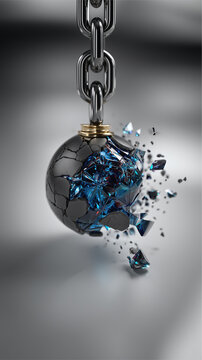 Broken metal sphere chain impact explosion concept shattered object