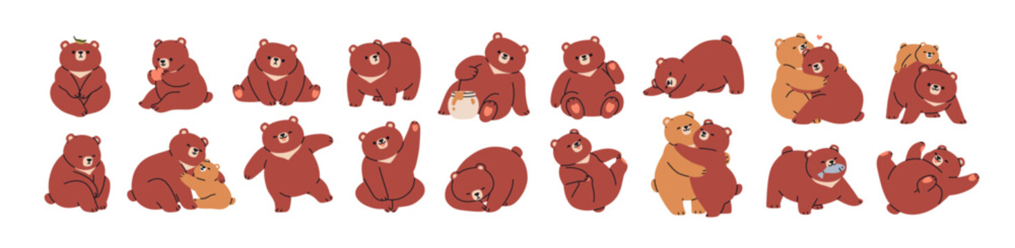 Cute baby bears set. Funny comic animal character in sitting, standing, lying poses. Couple hugging, playing, waving with paw. Playful teddy. Flat vector illustration isolated on white background