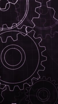 Vertical video 4K UHD Abstract rotating gear mechanism with grid structure and technical interface elements. Engineering system concept for industry