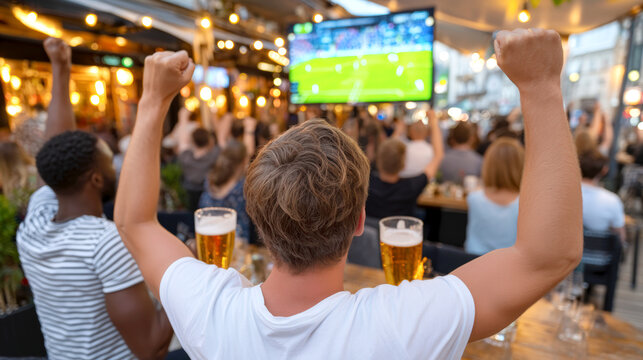 Football fans celebrating world cup match on outdoor terrace with drinks