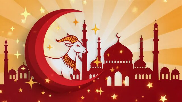 Islamic Eid al-Adha Greeting Background with Mosque and Goat Illustration