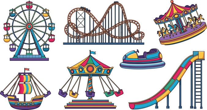 Amusement Park Ride Collection with Ferris Wheel, Roller Coaster, Carousel, Bumper Car, and Water Slide for Fun Fair Designs