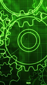 Vertical video 4K UHD Abstract rotating gear mechanism with grid structure and technical interface elements. Engineering system concept for industry