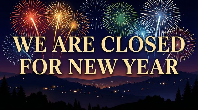 New year's closure announcement with vibrant fireworks display in a night sky