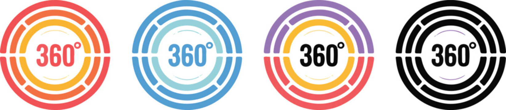 360 degree vector icon set showing panoramic view, virtual reality, and rotation symbol with different color variations.