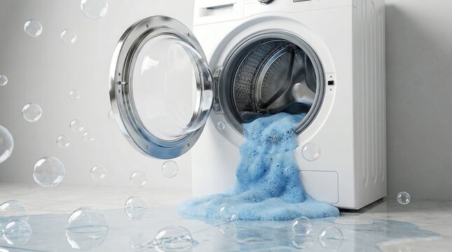 A front loading washing machine with a leak spilling water and laundry onto a tiled floor creating a mess