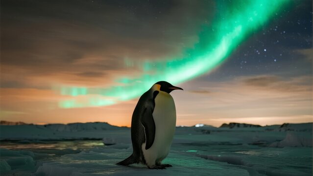 Emperor penguin standing on ice under aurora borealis in polar region at twilight