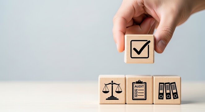 Hand placing a checkmark block on top of legal and compliance icons.