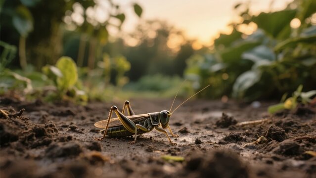 Close-up of a grasshopper on soil in a natural outdoor setting during golden hour