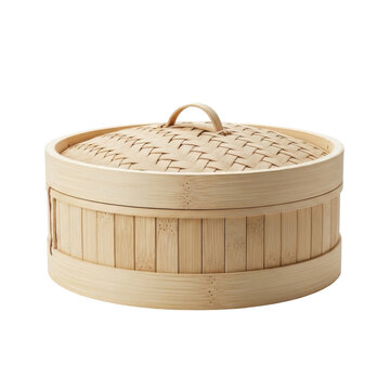 Traditional Chinese Bamboo Steamer Basket with Lid Isolated on White Background