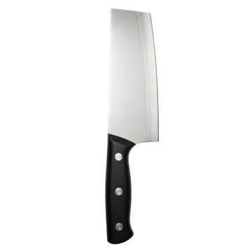 Sharp stainless steel kitchen cleaver knife with black handle isolated on white background