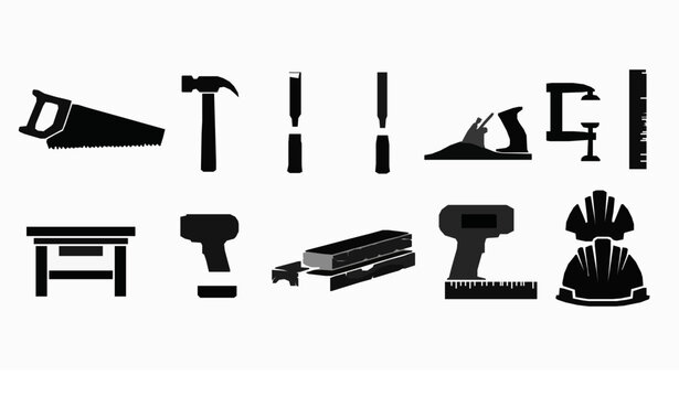 Woodworking vector bundle with black carpentry tool silhouette icons