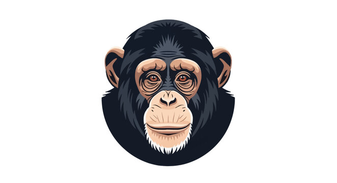 Vector illustration of a common chimpanzee head portrait with detailed facial features, black fur, and light skin around the eyes and muzzle, isolated on a white background.