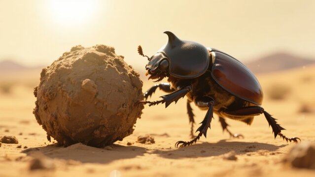 Dung beetle pushing a ball of dung across sandy desert terrain under bright sunlight
