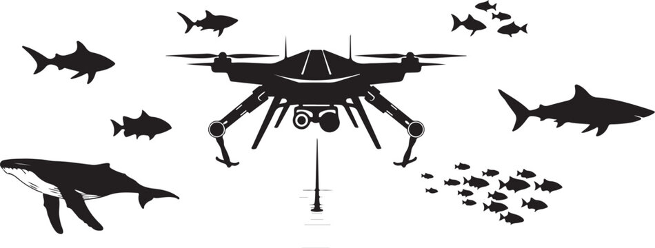 Drone, aquatic animals, black silhouettes, vector icons, marine life, drone technology