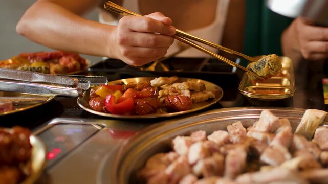Close up of person using chopsticks to pick up food from a buffet with various meats and vegetables.