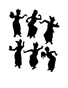 Classic costume Balinese dancer, Legong and Pendet traditional dancing performance pose black silhouette