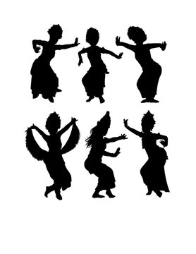 Classic costume Balinese dancer, Legong, Joged Bumbung, and Oleg Tamulilingan traditional dancing performance pose black silhouette
