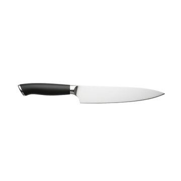 Professional Stainless Steel Chef's Knife with Black Ergonomic Handle Isolated on White Background