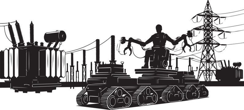 Industrial, silhouette, vector illustration, tank, statue, power lines, electrical substation