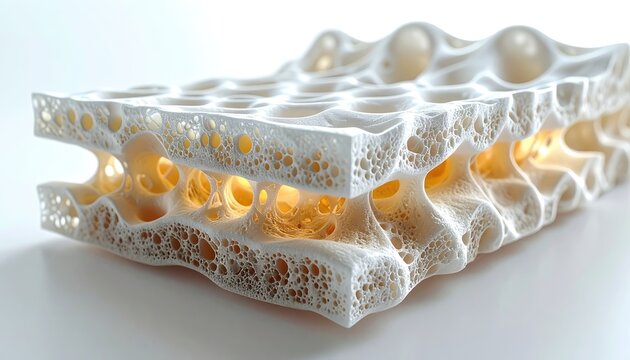 A detailed 3D render of porous bone-like biological tissue.