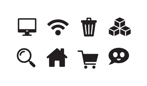 Collection of black simple icons on white background for web and app design.
