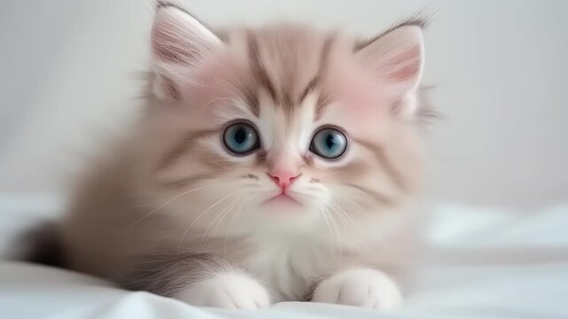Adorable fluffy kitten with captivating blue eyes, resting comfortably on a soft surface, showcasing its innocent charm and playful spirit