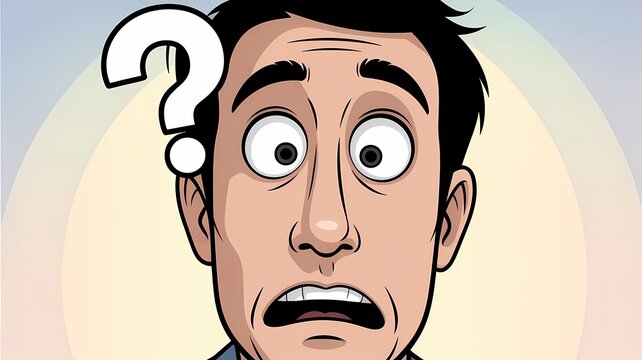 Close-up cartoon illustration of a shocked and confused man with a large white question mark, expressing surprise.