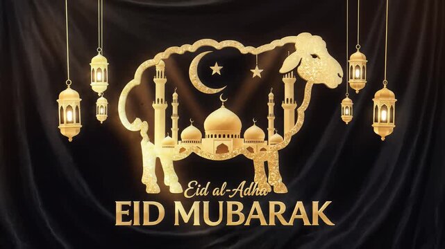 Golden Eid al-Adha Mubarak Greeting with Mosque and Sheep Silhouette