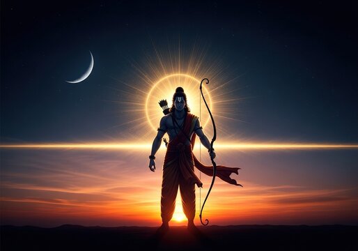 Divine Lord Rama Standing with Bow in Majestic Sunset Sky