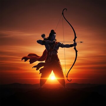 Divine Lord Rama Standing with Bow in Majestic Sunset Sky