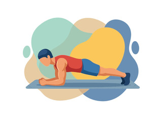 Fototapeta premium Man doing plank exercise on a mat with abstract background